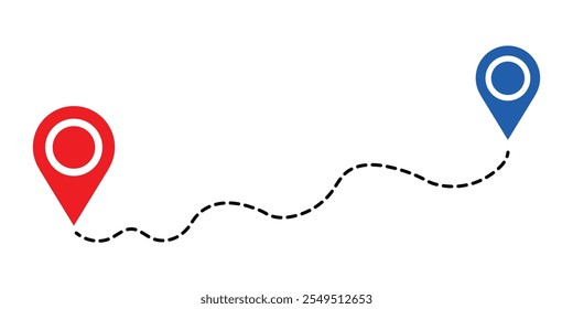 Route icon between two points with dotted path and location pin. Location pointer continuous one line drawing. GPS navigation line route mark sign symbol vector illustration.