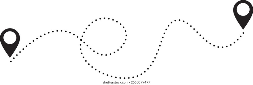 Route icon between two points with dotted path and location pin. Location pointer continuous one line drawing. Dot line path route travel banner illustration with location map pin icon for destination