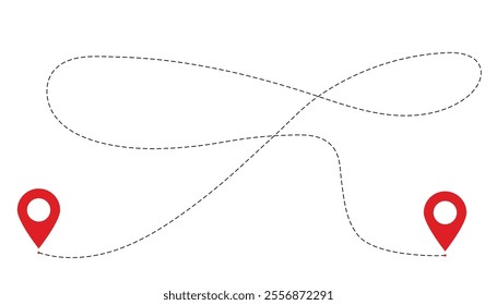 Route icon between two points with dotted line. location pointer one line. GPS navigation line route mark. dotted path and location pin