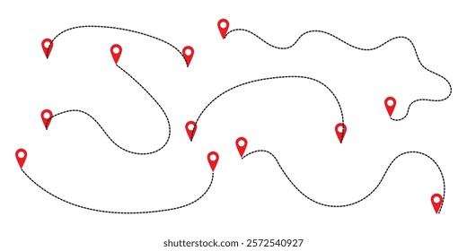 Route icon between two points with dotted path and location pin. Location pointer continuous one line drawing. GPS navigation line route mark. Route icon vector set illustration. many route line icon.