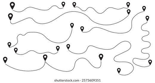 Route icon between two points with dotted path and location pin. Location pointer continuous one line drawing. GPS navigation line route mark.