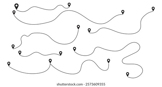 Route icon between two points with dotted path and location pin. Location pointer continuous one line drawing. GPS navigation line route mark.