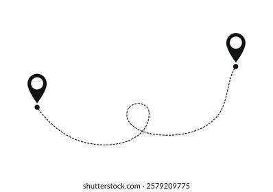 Route icon between two points with a dotted path and location pin in black color. Dotted path with connection points. GPS navigation line route mark. Travel route symbol. Location icon.