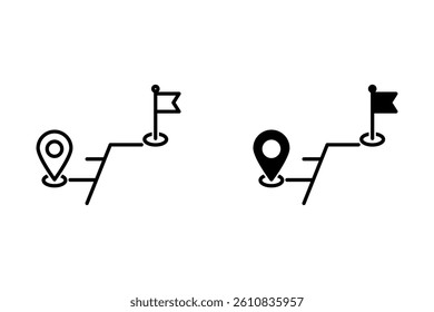 Route icon between two points with line path, flag and location pin. The location indicator is a continuous line image. GPS navigation track route sign.