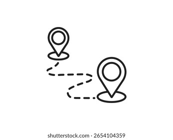 Route icon between two points with a dotted path and a location pin. Simple Line Illustration of a Route Between Two Locations. Picnic, travel route icon. Location pin.