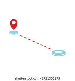 Ícone de rota entre dois pontos com um caminho pontilhado e um pin de localização. Ilustração de linha simples de uma rota entre dois locais. Piquenique, ícone da rota de viagem. Pino de localização.