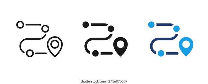 Icono de ruta con trazado curvo, puntos de referencia y pin de ubicación. Pictograma de navegación y destino para mapas, rastreo GPS, logística, servicios de entrega, planificación de viajes y diseño moderno de interfaz de usuario.