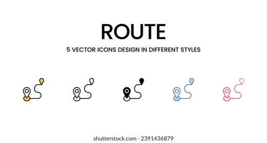 Route Icon Design in Five style with Editable Stroke. Line, Solid, Flat Line, Duo Tone Color, and Color Gradient Line. Suitable for Web Page, Mobile App, UI, UX and GUI design.