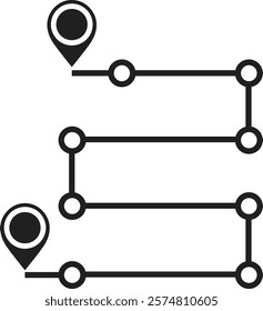 Route icon. Location icon. Route between two locations marked by pins