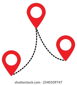 Ícone Rota. Pino do mapa de localização. Dois pontos com caminho pontilhado e pino de localização. Viaje a partir do ponto inicial e traçado de linha pontilhada. Símbolo de localização GPS. 