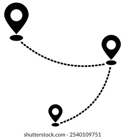 Ícone Rota. Pino do mapa de localização. Dois pontos com caminho pontilhado e pino de localização. Viaje a partir do ponto inicial e traçado de linha pontilhada. Símbolo de localização GPS. 