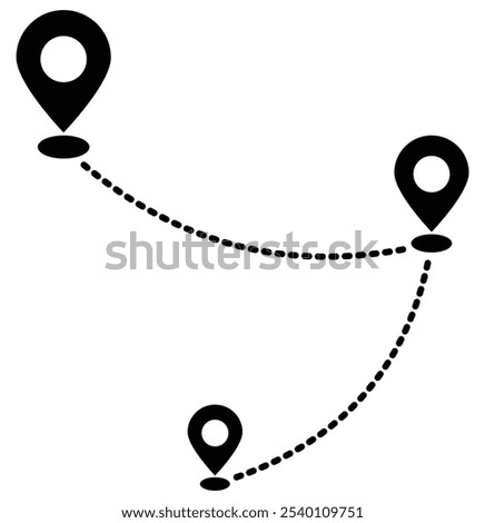 Route icon. Location map pin. Two points with dotted path and location pin. Travel from start point and dotted line tracing. GPS location symbol. 