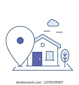 El icono de ruta con un pasador de mapa y una casa significa una navegación eficiente para localizar una propiedad específica y su ubicación precisa