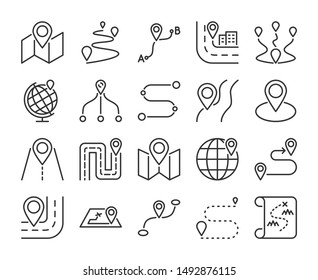 Route Icon. Road Map Line Icons Set. Vector Illustration.