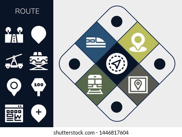 route icon set. 13 filled route icons.  Simple modern icons about  - Gps, Traffic, Location, Road sign, Train, Elevator, Street