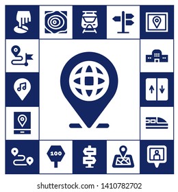 route icon set. 17 filled route icons.  Simple modern icons about  - Position, Direction, Location, Gps, Train station, Elevator, Train, Track, Maps, Road sign, Subway, Location pin