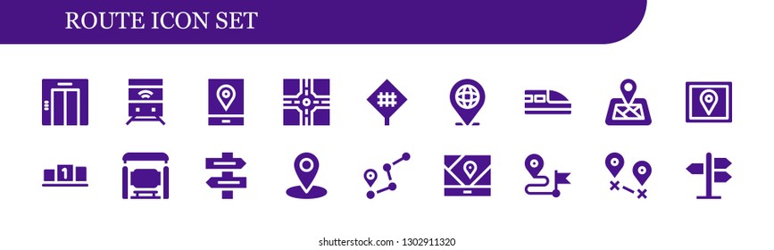  route icon set. 18 filled route icons.  Simple modern icons about  - Elevator, Train, Gps, Crossroad, Road sign, Location, Location pin, Position, Bus stop, Direction sign, Route
