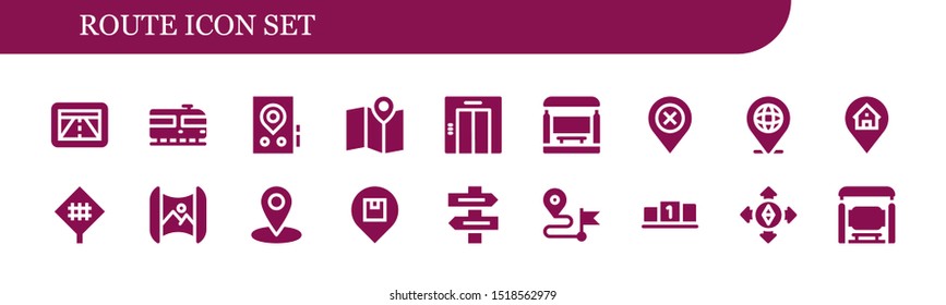 route icon set. 18 filled route icons.  Simple modern icons about  - Gps, Train, Maps, Elevator, Bus stop, Location, Road sign, Mapping, Direction sign, Direction, Position, Destination