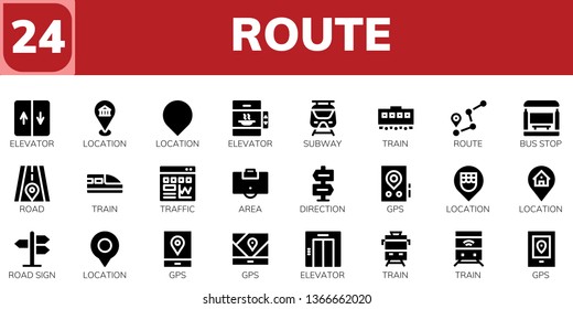 route icon set. 24 filled route icons.  Collection Of - Elevator, Location, Subway, Train, Route, Bus stop, Road, Traffic, Area, Direction, Gps, Road sign