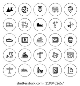 Route icon set. collection of 25 outline route icons with direction, directions, location pin, gps, local, maps, road sign, train icons. editable icons.