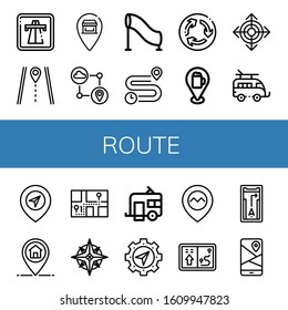 route icon set. Collection of Highway, Route, Pin, Gps, Tunnel, Distance, Roundabout, Direction, Caravan, Marker, Navigator icons