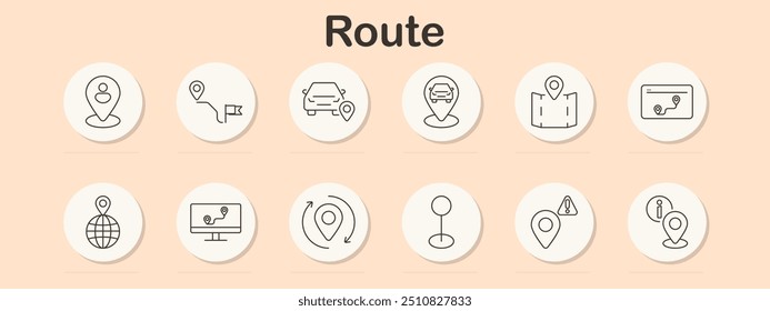 Ícone de roteiro definido. Símbolos de rota diferentes, incluindo pinos de mapa, caminhos de navegação e marcadores de localização para viagem, logística e direções geográficas