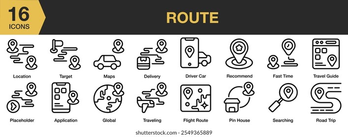 Conjunto de iconos de ruta. Incluye ubicación, destino, mapas, entrega, global, vuelo, coche y más. Colección de Vector de iconos de contorno.