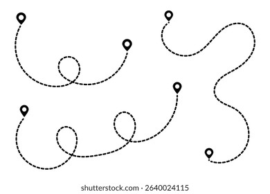 Route icon set. Travel from start point and dotted line tracing. GPS navigation line route mark. Two points with dotted path and location pin. Route location icon two pin sign and dotted line.