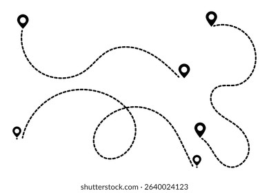 Route icon set. Travel from start point and dotted line tracing. GPS navigation line route mark. Two points with dotted path and location pin. Route location icon two pin sign and dotted line.