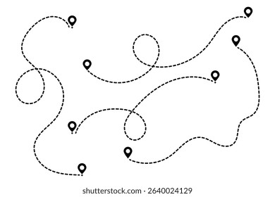 Route icon set. Travel from start point and dotted line tracing. GPS navigation line route mark. Two points with dotted path and location pin. Route location icon two pin sign and dotted line.