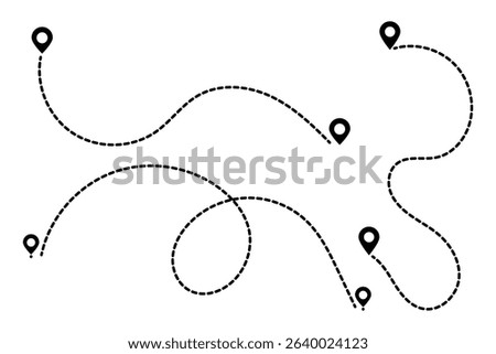 Route icon set. Travel from start point and dotted line tracing. GPS navigation line route mark. Two points with dotted path and location pin. Route location icon two pin sign and dotted line.