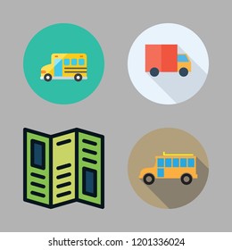route icon set. vector set about school bus, side view and road map icons set.