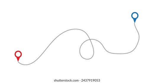Routensymbol - zwei Punkte mit gepunktetem Pfad und Positionsstift. Routenpositionssymbol mit zwei Pins und gestrichelter Linie.