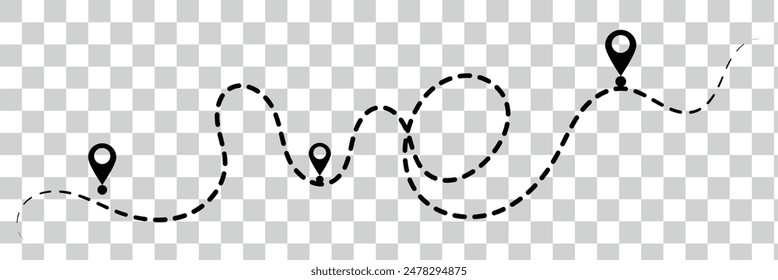 Route icon - two points with dotted path and location pin. Route location icon two pin sign and dotted line. Travel vector icon. Travel from start point and dotted line tracing.