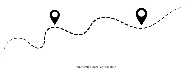 Route icon - two points with dotted path and location pin. Route location icon two pin sign and dotted line. Travel vector icon. Travel from start point and dotted line tracing.