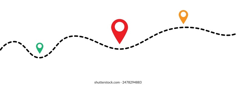 Route icon - two points with dotted path and location pin. Route location icon two pin sign and dotted line. Travel vector icon. Travel from start point and dotted line tracing.