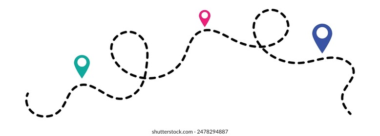 Route icon - two points with dotted path and location pin. Route location icon two pin sign and dotted line. Travel vector icon. Travel from start point and dotted line tracing.