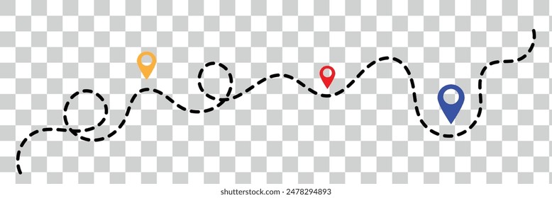 Icono de ruta: dos puntos con trazado de puntos y pin de ubicación. Icono de ubicación de ruta con signo de dos pines y línea de puntos. Icono de Vector de viaje. Recorrido desde el punto inicial y trazado de líneas de puntos.