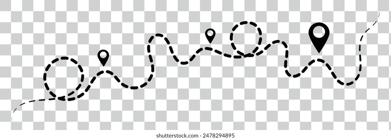 Route icon - two points with dotted path and location pin. Route location icon two pin sign and dotted line. Travel vector icon. Travel from start point and dotted line tracing.