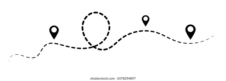 Route icon - two points with dotted path and location pin. Route location icon two pin sign and dotted line. Travel vector icon. Travel from start point and dotted line tracing.