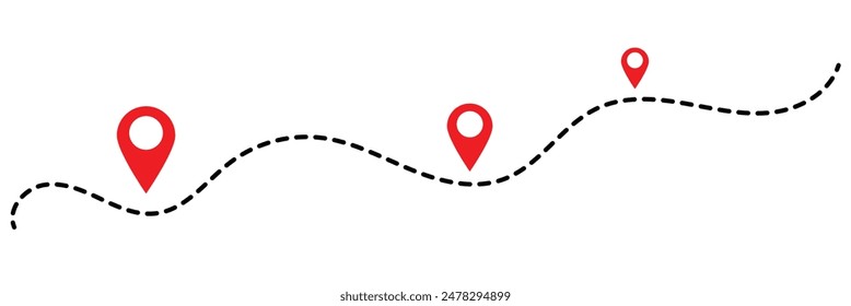 Route icon - two points with dotted path and location pin. Route location icon two pin sign and dotted line. Travel vector icon. Travel from start point and dotted line tracing.