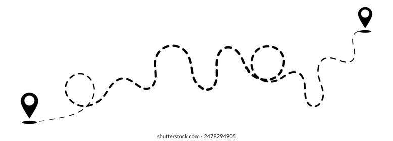 Icono de ruta: dos puntos con trazado de puntos y pin de ubicación. Icono de ubicación de ruta con signo de dos pines y línea de puntos. Icono de Vector de viaje. Recorrido desde el punto inicial y trazado de líneas de puntos.