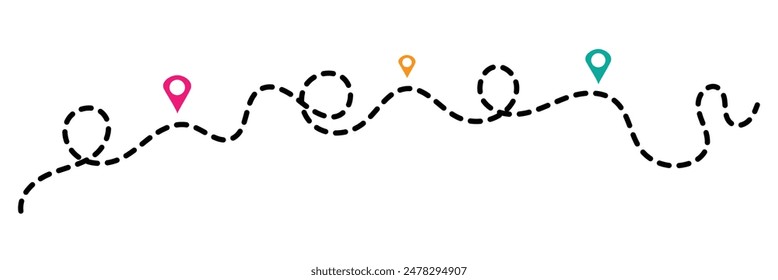 Icono de ruta: dos puntos con trazado de puntos y pin de ubicación. Icono de ubicación de ruta con signo de dos pines y línea de puntos. Icono de Vector de viaje. Recorrido desde el punto inicial y trazado de líneas de puntos.