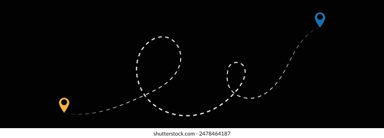 Routensymbol - zwei Punkte mit gepunktetem Pfad und Positionsstift. Routenpositionssymbol mit zwei Pins und gestrichelter Linie. Reisen Vektorgrafik Symbol. Fahren vom Startpunkt und gepunktete Linienverfolgung.