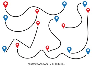 Icono de ruta: dos puntos con trazado de puntos y pin de ubicación. Icono de ubicación de ruta con signo de dos pines y línea de puntos. Icono de Vector de viaje. Desplazamiento desde el punto inicial y trazado de líneas punteadas