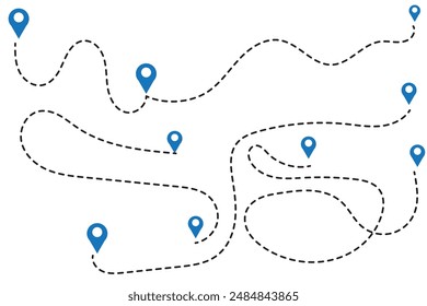  Route icon - two points with dotted path and location pin. Route location icon two pin sign and dotted line. Travel vector icon. Travel from start point and dotted line tracing