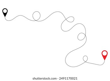 Route icon - two points with dotted path and location pin. Travel from start point and dotted line. path route travel banner illustration with location map pin icon for destination. EPS file 15.