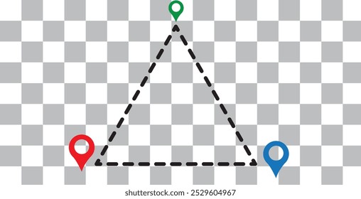 Route icon - two points with dotted path and location pin. Route location icon two pin sign and dotted line. Travel vector icon. Travel from start point and dotted line tracing.