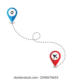 Route icon. Two points with dotted path and location pin vector icon. Location pointer continuous one line drawing on white background eps 10.