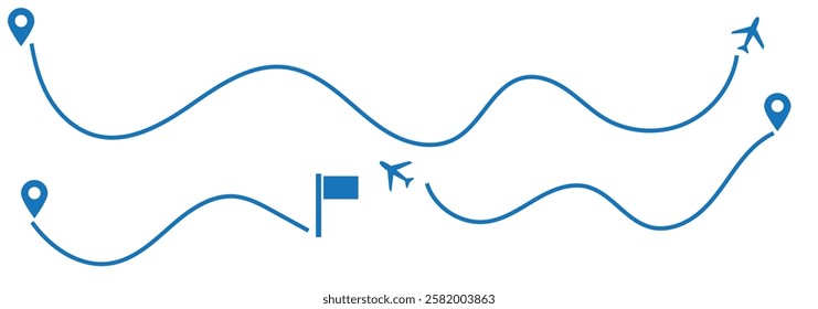 Route icon - two points with dotted path and location pin. Route location icon two pin sign and dotted line. Travel vector icon. Travel from start point and dotted line tracing